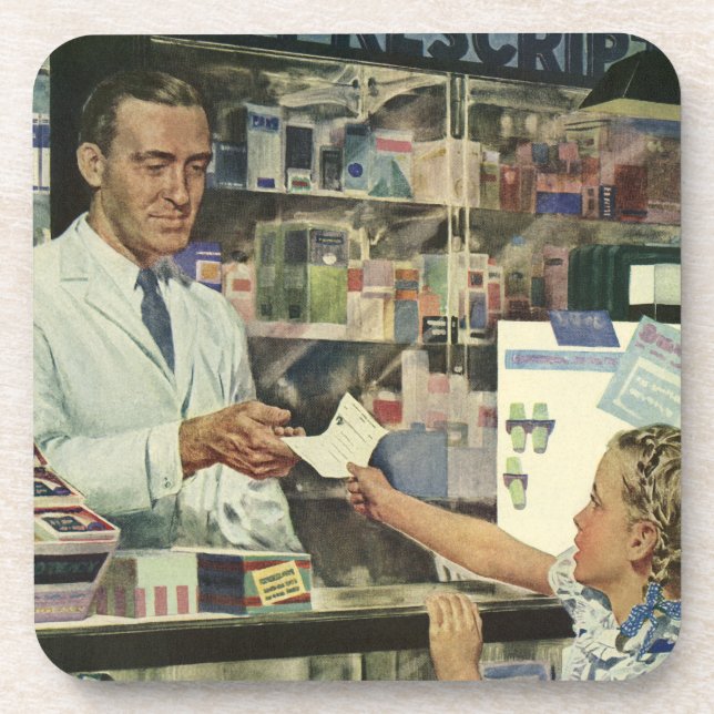 Vintage Medicine, Pharmacist and Girl at Pharmacy Coaster (Front)