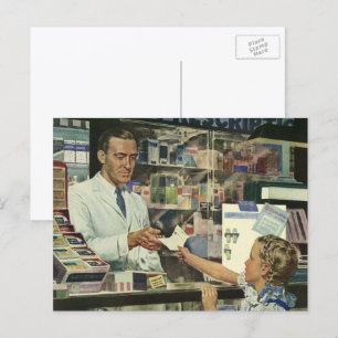 Vintage Medicine, Pharmacist and Girl at Pharmacy Postcard