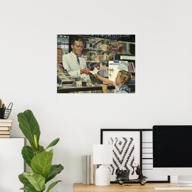 Vintage Medicine, Pharmacist and Girl at Pharmacy Poster (Home Office)
