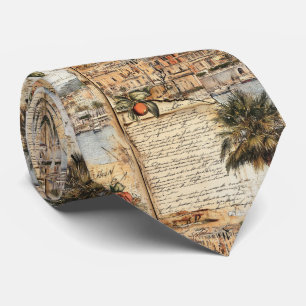 Vintage Mediterranean Artwork with Palm and Script Tie