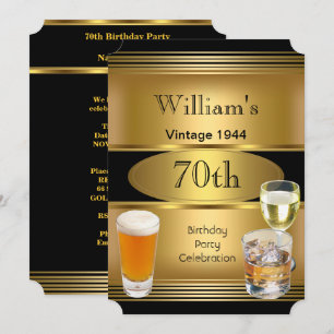 Vintage Mens 70th Birthday Party Gold Beer Invitation