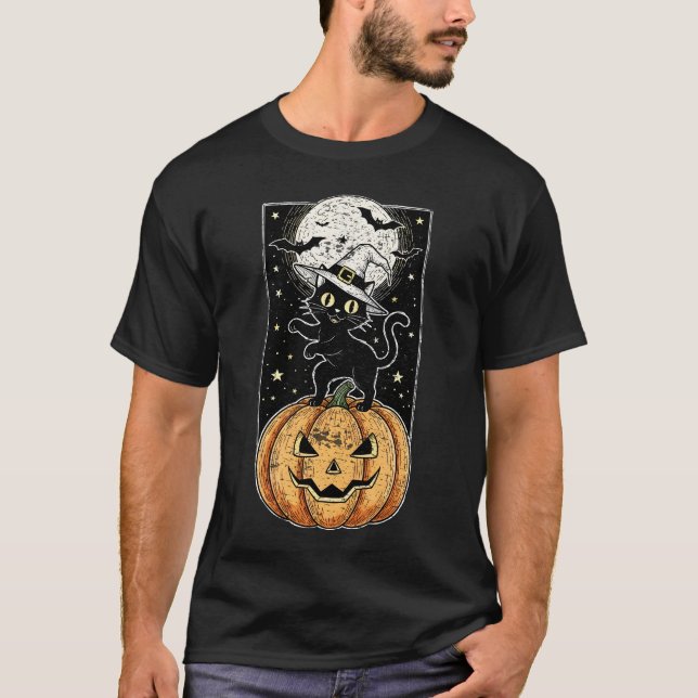 Vintage Meowloween Cat and Pumpkin T-Shirt – Retro (Front)