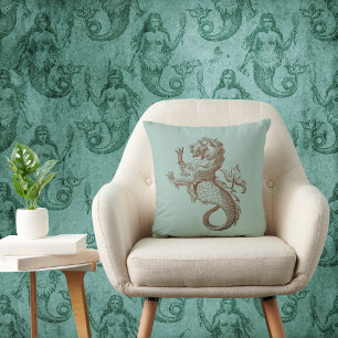 Vintage Mer-Lion Sea Legend on Seafoam Sage Green Cushion