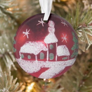 Vintage Mercury Glass Red Christmas Snow House Ornament