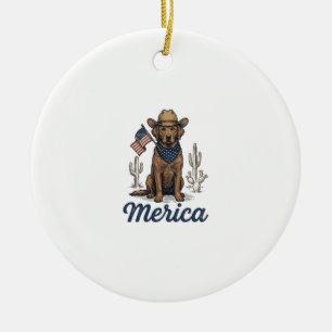 Vintage Merica Cowboy Dog American Flag Shirt_1 Ceramic Tree Decoration