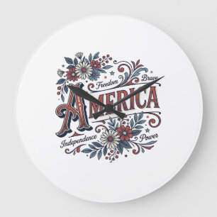 Vintage Merica Patriotic Floral Shirt Design_1 Large Clock