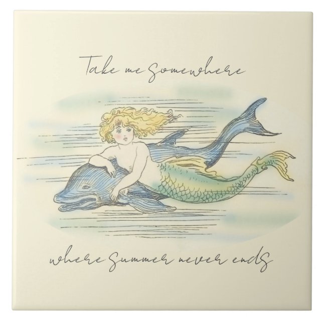 Vintage Mermaid and Dolphin Nautical Summer Quote Tile (Front)