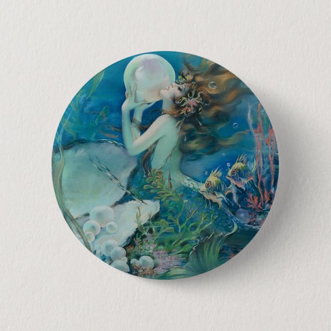 Vintage Mermaid Holding Pearl 6 Cm Round Badge (Front)