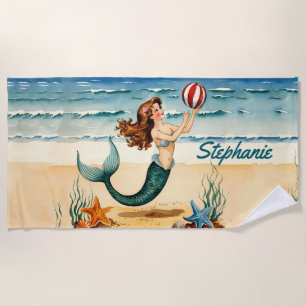 Vintage Mermaid Personalised Beach Towel