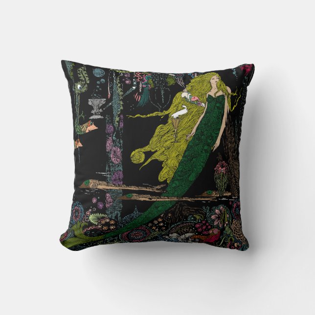 Vintage Mermaid Print Hand Coloured Cushion (Front)