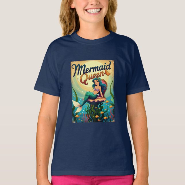 Vintage Mermaid Queen Kids Tee Retro Ocean Girl  (Front)