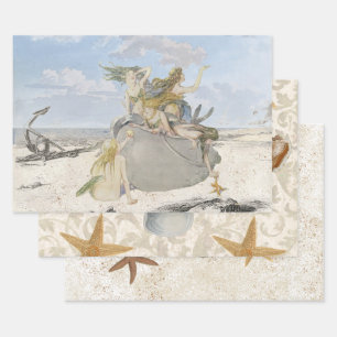Vintage Mermaid Seashell Beach Starfish Decoupage  Wrapping Paper Sheet