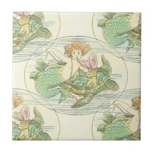 Vintage Mermaid with Sea Turtle Nautical Pattern Tile