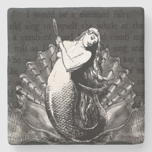 Vintage Mermaid with Seashells Stone Coaster (Front)