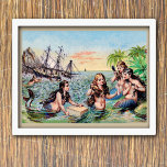 Vintage mermaids in the ocean poster<br><div class="desc">This fun retro illustration features a group of mermaids bathing in the ocean with a ship and palm trees in the background. Rich vintage colours and wonderful facial expressions!</div>