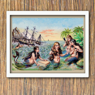 Vintage mermaids in the ocean poster