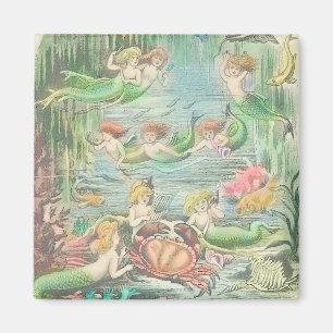 Vintage Mermaids with Crab and Fish Nautical Magnet