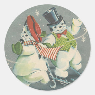 Vintage Merrie Christmas Snowman Couple Classic Round Sticker