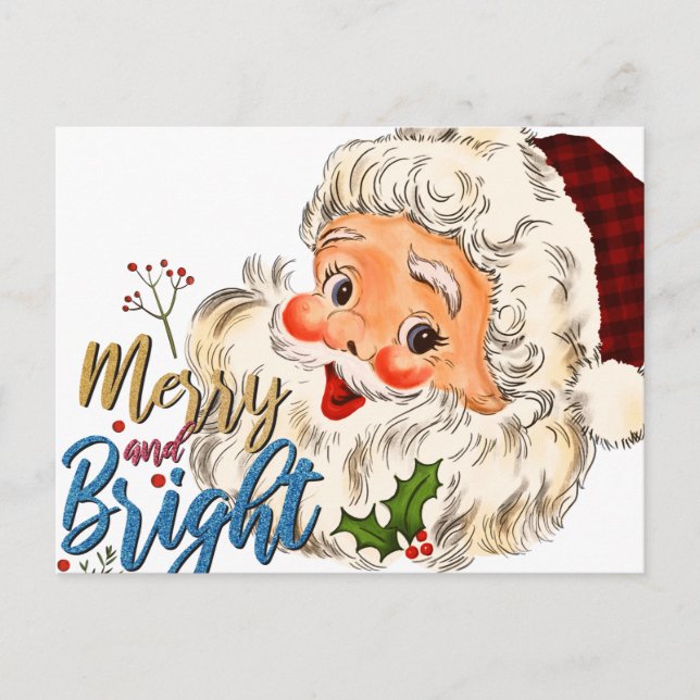 Vintage Merry and Bright Santa Christmas Postcard  (Front)
