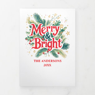Vintage Merry and Bright Simple Multi Photo  Tri-Fold Holiday Card