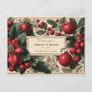 Vintage "Merry & Bright" Christmas Floral Greeting Holiday Postcard