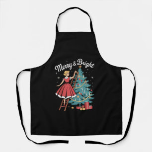 Vintage Merry Bright Girl Decorating Xmas Tree Apron