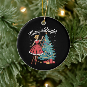 Vintage Merry Bright Girl Decorating Xmas Tree Ceramic Tree Decoration