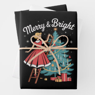 Vintage Merry Bright Girl Decorating Xmas Tree Wrapping Paper Sheet