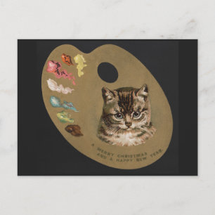 Vintage Merry Christmas and Happy New Year Cat Holiday Postcard