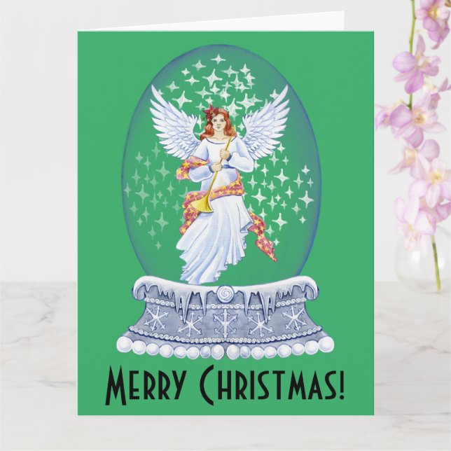 Vintage Merry Christmas Angel Sparkling Snowglobe Card (Orchid)