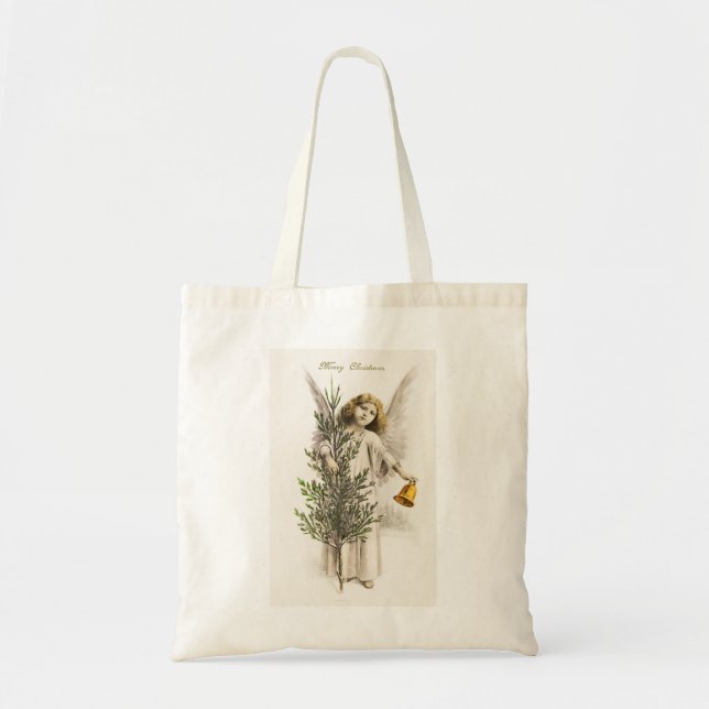 Vintage Merry Christmas Angel with Bell Tote Bag (Front)