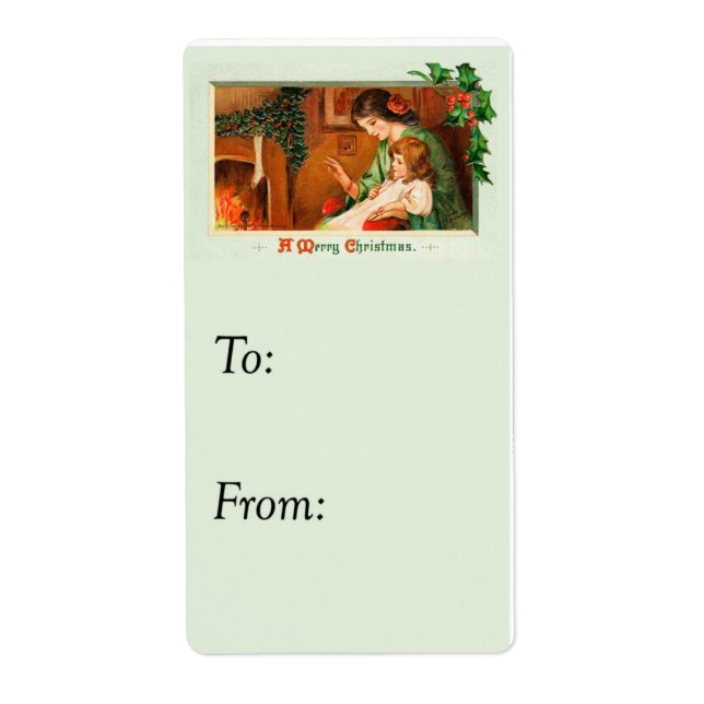 Vintage Merry Christmas At The Fireplace Gift Tag (Front)