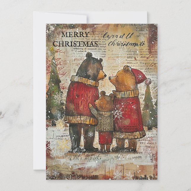 Vintage Merry Christmas Bear Family Snow Holiday Card (Front)