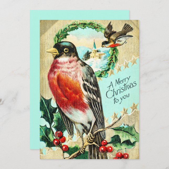 Vintage Merry Christmas Bird Holly Invitation (Front/Back)
