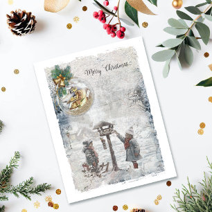 Vintage Merry Christmas Birds & Ornament Holiday Card