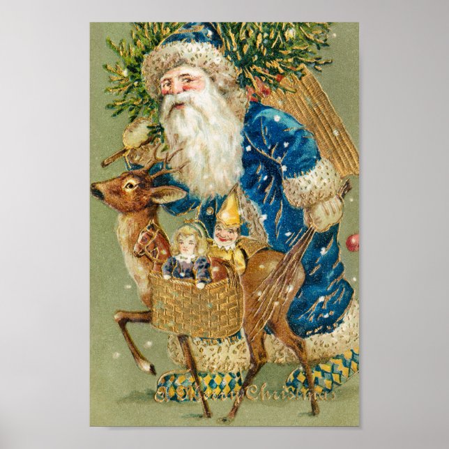 VINTAGE MERRY CHRISTMAS BLUE SANTA CLAUSE POSTER (Front)