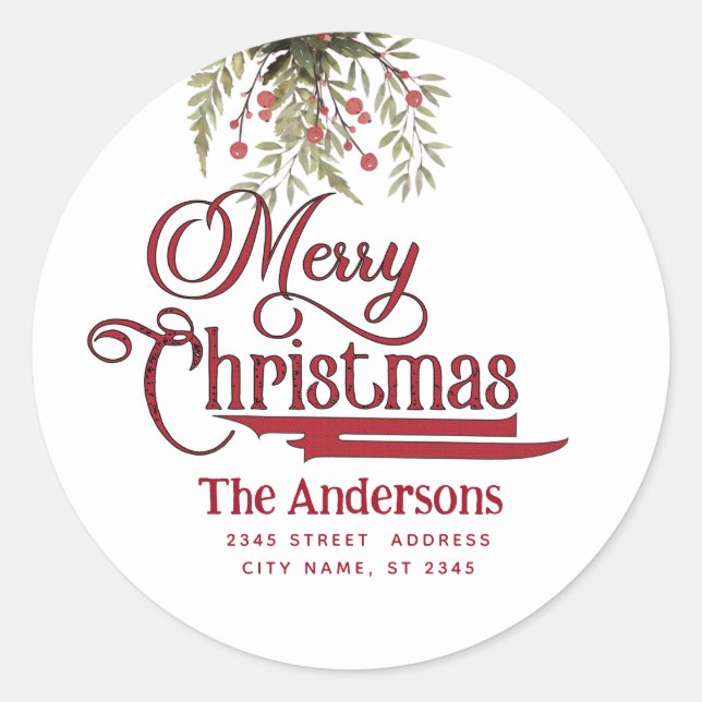 Vintage Merry Christmas botanical holly  Classic Round Sticker (Front)