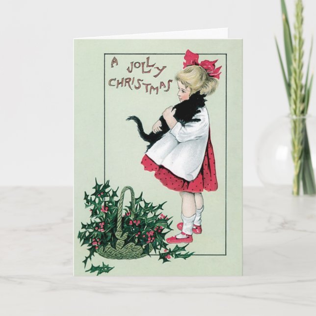 Vintage Merry Christmas Card - girl and cat (Front)