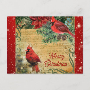 Vintage Merry Christmas Cardinal Music Postcard