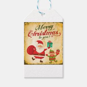 Vintage Merry Christmas Daning Santa and Elf Gift Tags