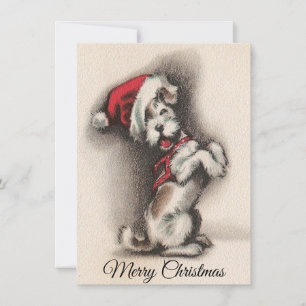 Vintage Merry Christmas Dog Wearing Santa Hat Holiday Card