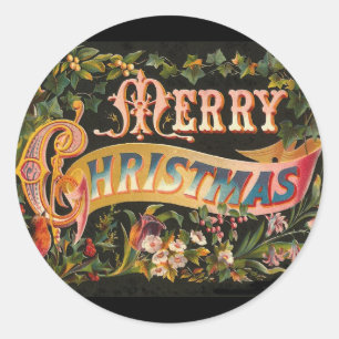 Vintage Merry Christmas Flower Design Classic Round Sticker