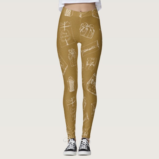 vintage merry christmas  gift box pattern leggings (Front)