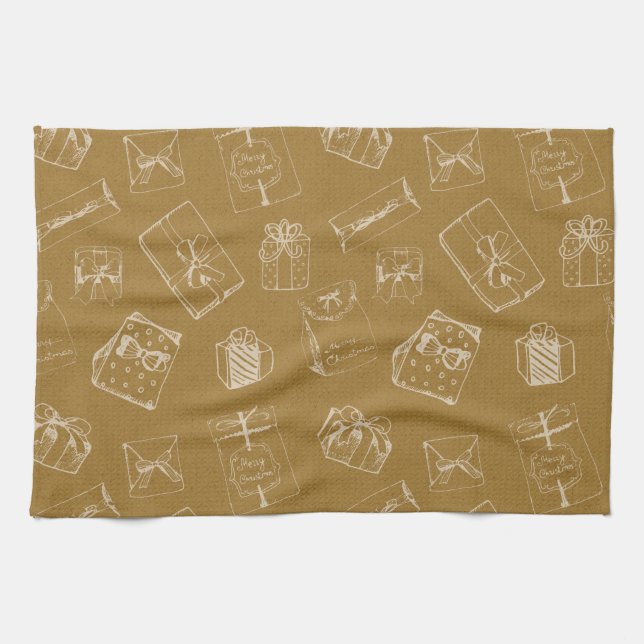 vintage merry christmas  gift box pattern tea towel (Horizontal)