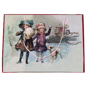 Vintage, Merry Christmas, Girl with Jack Russell Large Gift Bag