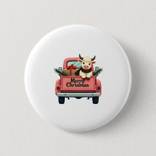 Vintage Merry Christmas Highland Cow in Pink Farm 6 Cm Round Badge