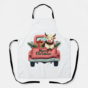 Vintage Merry Christmas Highland Cow in Pink Farm Apron