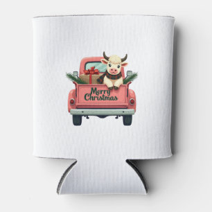 Vintage Merry Christmas Highland Cow in Pink Farm  Can Cooler