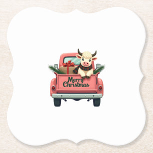 Vintage Merry Christmas Highland Cow in Pink Farm Paper Coaster