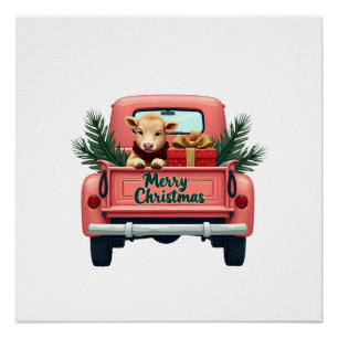 Vintage Merry Christmas Highland Cow in Pink Farm Poster
